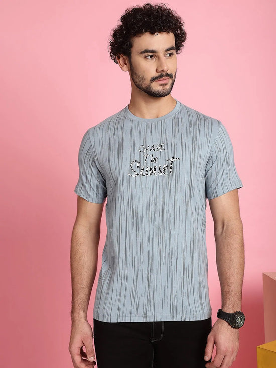 Venitian Men Printed Round Neck Grey Cotton Lycra T-Shirt