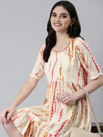 Women Cream Tie Dye Fit and Flare Kurti-SKC-1229-Cream