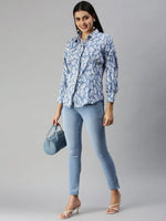 Women's Blue Printed Shirt-AE-10199-Blue