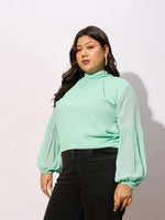 Women Sea Green Balloon Sleeves Top