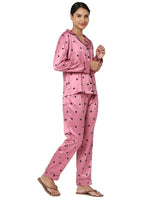 Smarty Pants Women's Silk Satin Rose Gold Color Heart Print Full Sleeves Night Suit