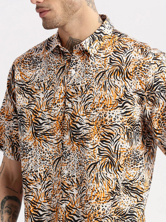 Men Spread Collar Animal Orange Casual Shirt-REVERIE-2121-Orange