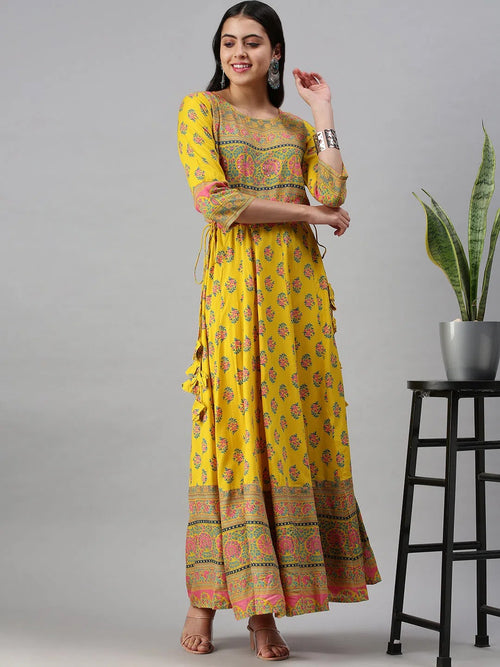 Women's Yellow Printed Anarkali Kurta-AAPNOSA258-Yellow