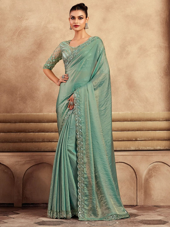 Saree Mall Women's Satin  Sea Green Embellished Designer Saree With Blouse Piece-SRVATN7912