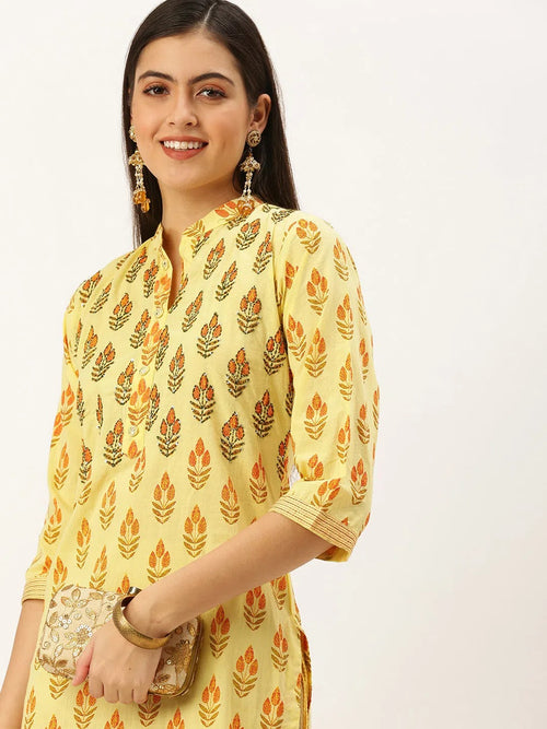 Women's Yellow Printed Straight Kurtas-AT-038-K-Yellow