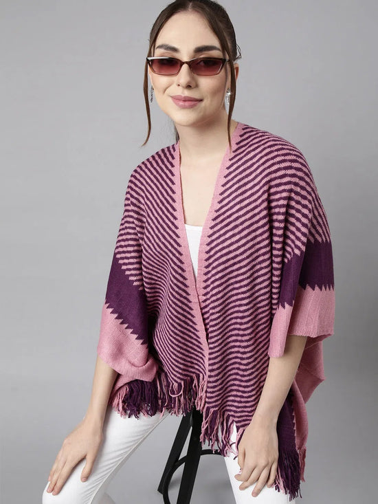 Women Striped Purple Longline Front-Open Poncho-CHN-9902-Purple