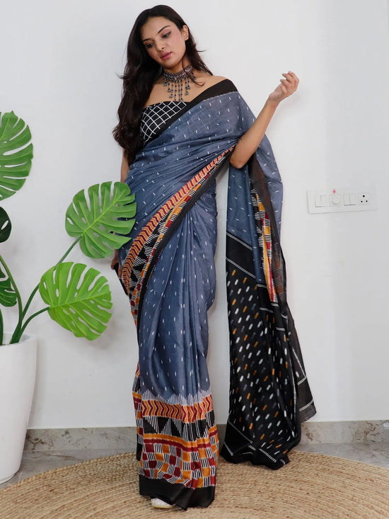 Saree Mall Women's Cotton Grey Printed Designer Saree With Blouse Piece-MINAXI9007