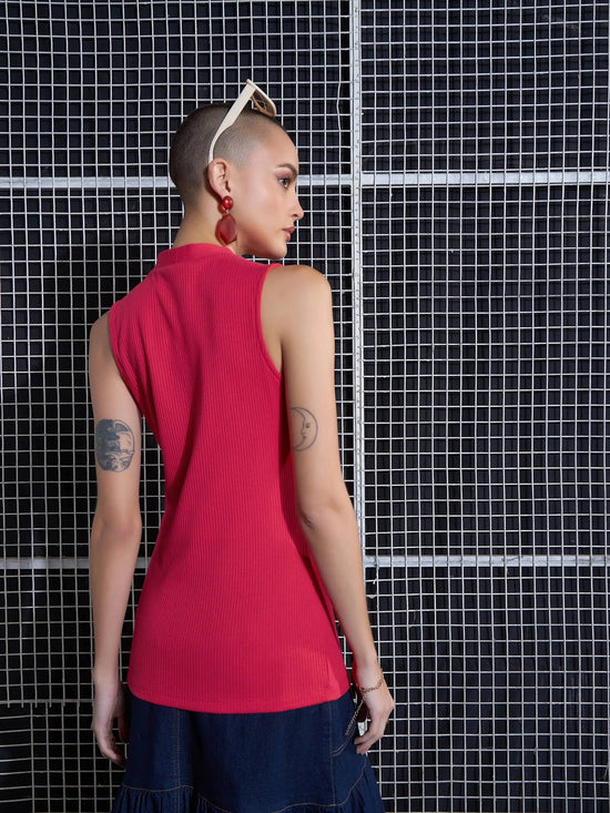 Women Red Rib Front Button Sleeveless Top