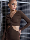 Women Brown Rib Waist Cut-Out Maxi Dress