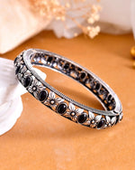 Rhodium Plated Black Stone Studded Kada Bracelet-VOJ404