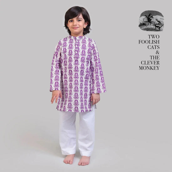 Collar Full Sleeved Cotton Kurta & Pajama Set For Boys with Two Foolish Cats and The Clever Monkey Print