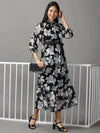 Women's Black Floral Fit and Flare Dress-AE-15610-Black