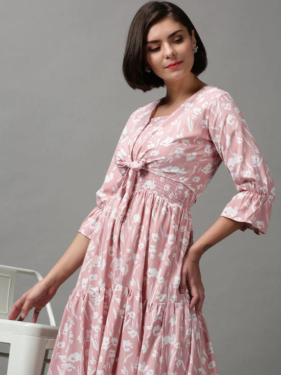 Women's Pink Printed Fit and Flare Dress-AE-15616-Pink