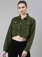 Women Green Solid Denim Jacket-GZ-5600-Green