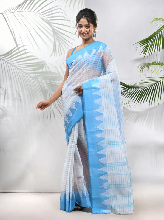 White Pure Cotton Tant Saree With Temple Border-MA51TT43430122