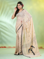 Beige Cotton Handwoven Saree With Bird Motifs-MA66CT431380018