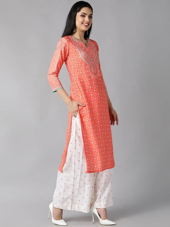 Ahika Women Peach Coloured White Ethnic Motifs Printed Kurta With Palazzos Dupatta Set