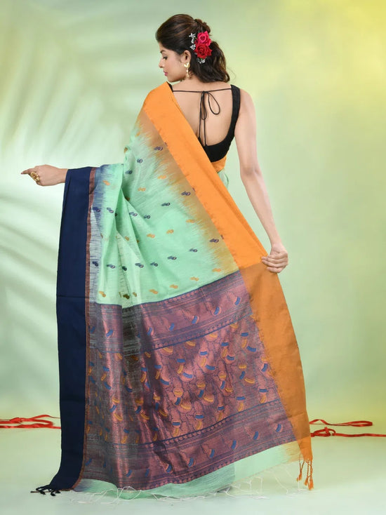 Light Green Cotton Ikat Saree With Ganga Jamuna Border-MA66BCT431380071