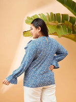 Women Blue Floral Smocking Detail Frill Top