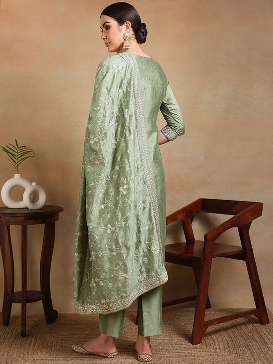 Ahika Women Green Silk Blend Embroidered Straight Kurta Pant Set With Dupatta-PKSKD1897D_XS