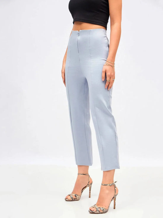 Women Dull Blue Front Darted High Waisted Pants