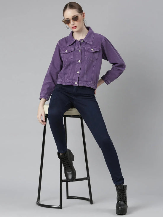 Women Purple Solid Denim Jacket-GZ-5598-Purple