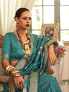 Saree Mall Women's  Blend Teal Blue Woven Design Celebrity Saree With Blouse Piece-KALKI313002