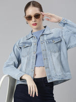 Women Blue Solid Denim Jacket-GZ-5476-Blue