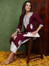 Ahika Women Burgundy Viscose Rayon Solid Embroidered Chikankari Straight Kurta