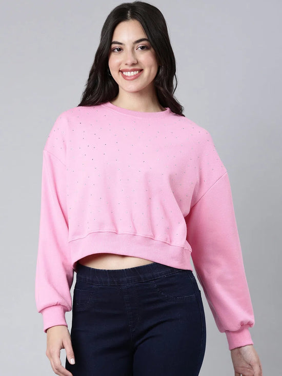 Women Self Design Pink Crop Sweatshirt-7004-Pink