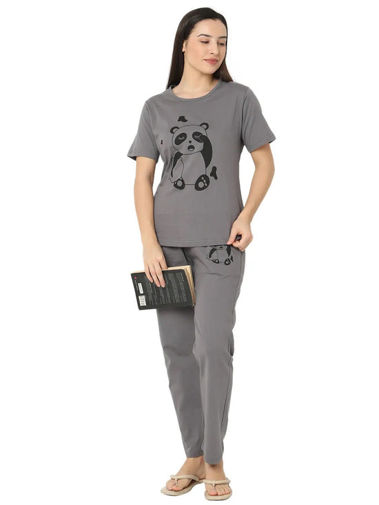 Smarty Pants Women's Cotton Lycra Grey Color Panda Print Night Suit