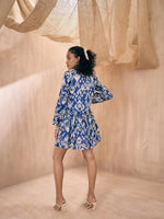 Women Blue Ikat Print Front Button Shirt Tiered Dress