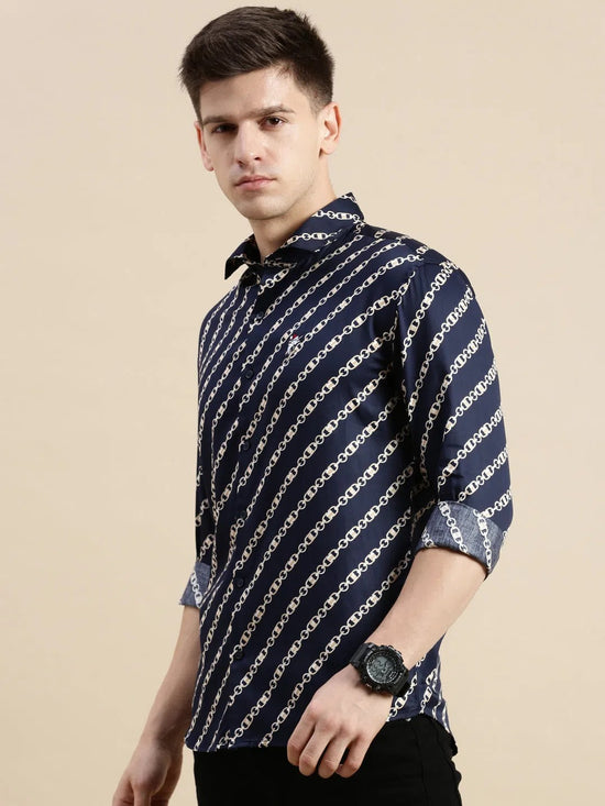 Men Navy Graphics Casual Shirt-SHARK-0780-Navyblue