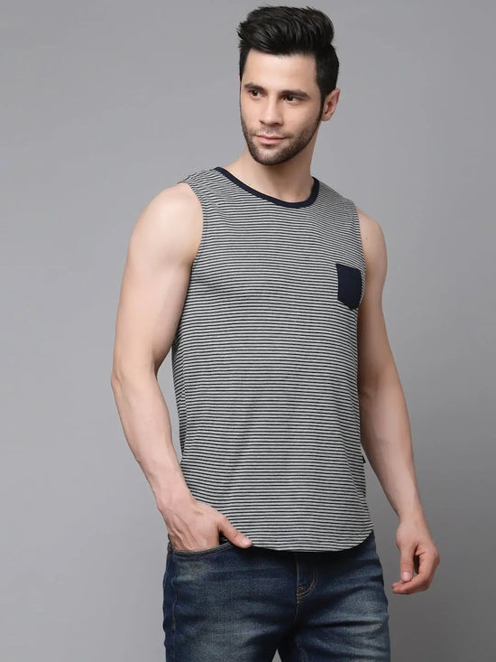 Rigo Grey Navy Stripe With Contrast Patch Pocket Curved Bottom Cotton Sleeveless T-Shirt Vest