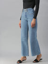 Women's Blue Solid Wide Leg Denim Jeans-GZ-5065A-Blue