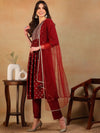 Ahika Women Maroon Silk Blend Woven Design A-Line Kurta Pant Set With Dupatta