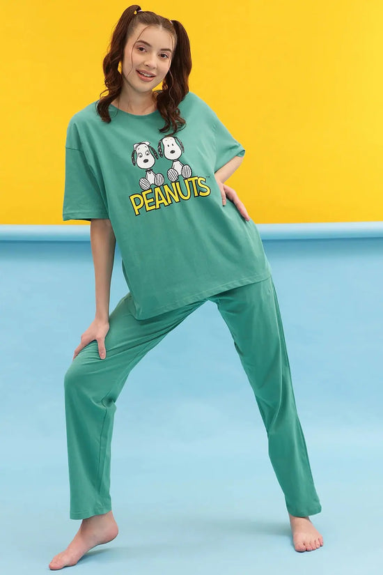 Clovia Peanuts Snoopy Print Oversized Tee & Pyjama Set in Teal Blue - 100% Cotton