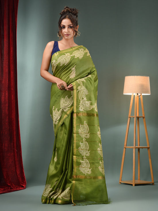 Light Green Blended Silk Handwoven Saree With Paisley Border-MA50BSL34710004