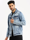 Men Blue Spread Collar Solid Denim Jacket-IB-DJ-07-4-Blue