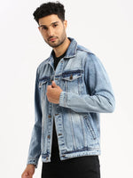 Men Blue Spread Collar Solid Denim Jacket-IB-DJ-07-4-Blue