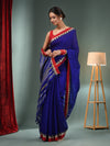 Royal Blue Silk Linen Handwoven Saree With Temple Border-MA50SLN061100099