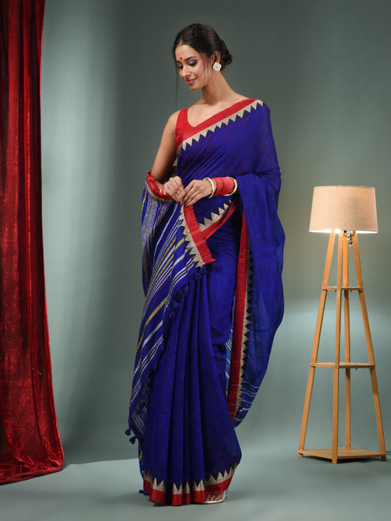 Royal Blue Silk Linen Handwoven Saree With Temple Border-MA50SLN061100099