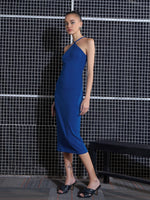 Women Royal Blue Rib Halter Neck Bodycon Midi Dress