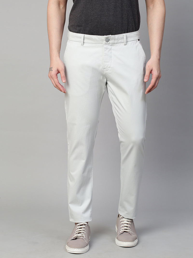 Genips Men's Off White Cotton Stretch Caribbean Slim Fit Solid Trousers