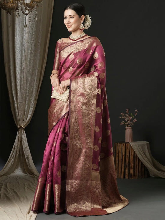 Saree Mall Women's Organza Magenta Woven Design Designer Saree With Blouse Piece-UNATI2001