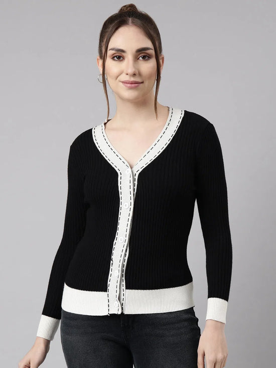 Women Colourblocked Black Regular Cardigan-SNC-8895-Black