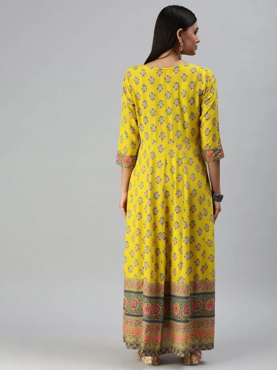 Women's Yellow Printed Anarkali Kurta-RF1245-Yellow