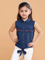 Tales & Stories Navy Blue Cotton Spread Collar Top For Girls