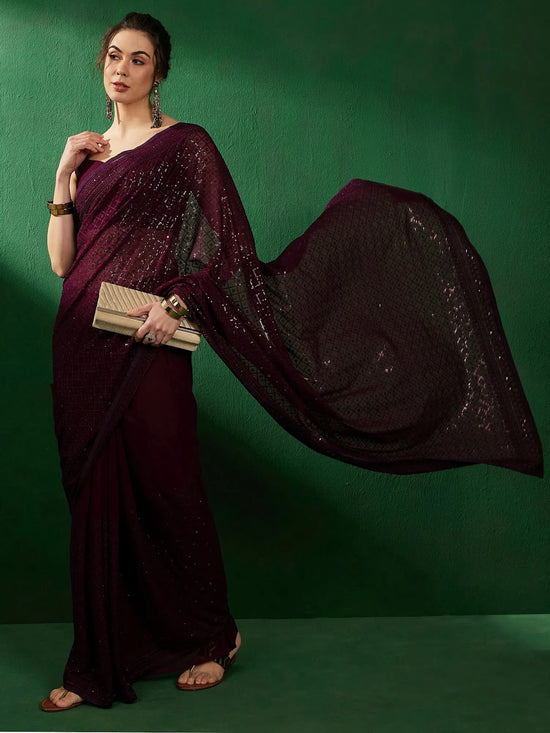 Saree Mall Women's Pure Georgette Purple Embellished Designer Saree With Blouse Piece-VEDNSHI5087B