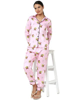 Smarty Pants Women's Silk Satin Baby Pink Color Quirky Print Full Sleeves Night Suit